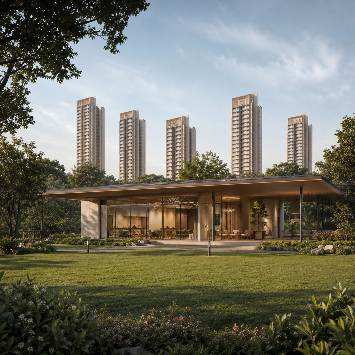 Assetz Nari & Nami indicative standalone clubhouse pavilion set within the landscaped grounds of the Whitefield-Hoskote Road campus