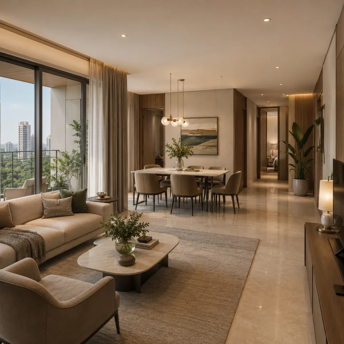 Assetz Nari & Nami indicative 3 BHK living and dining interior at about 1,650 sqft super built-up, roughly 1,120 sqft carpet