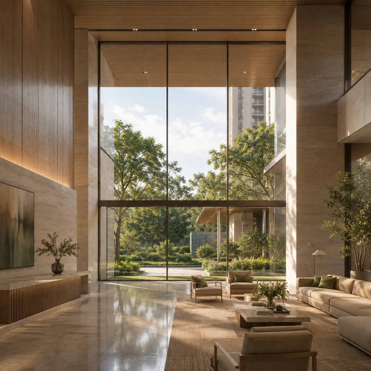Assetz Nari & Nami indicative double-height tower lobby opening onto the podium garden at Kannamangala on the Whitefield-Hoskote Road