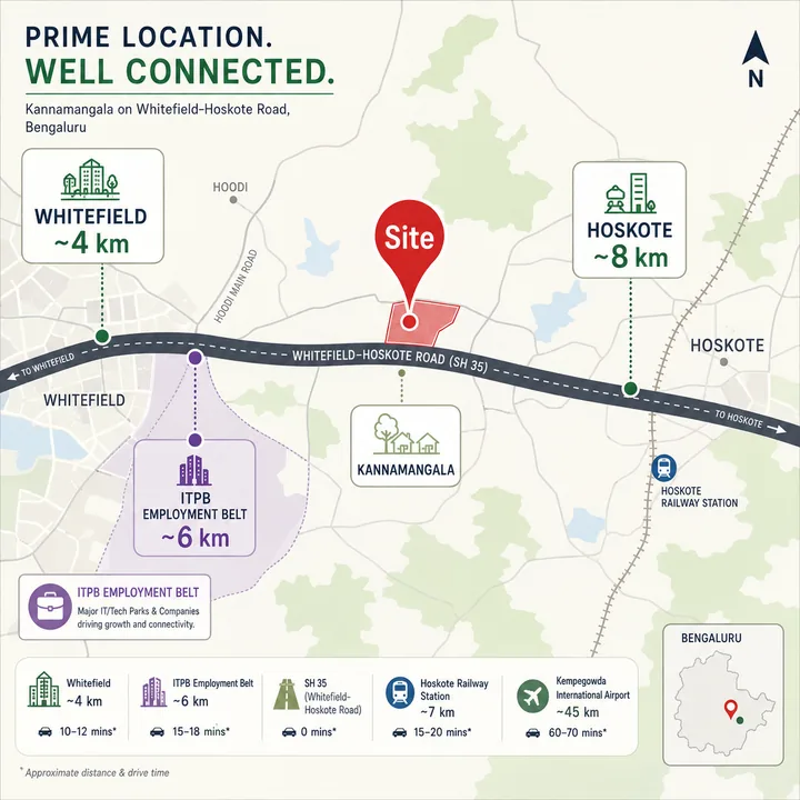 Assetz Nari & Nami location map at Kannamangala on the Whitefield-Hoskote Road, SH-35, showing Whitefield, the ITPB employment belt and Hoskote